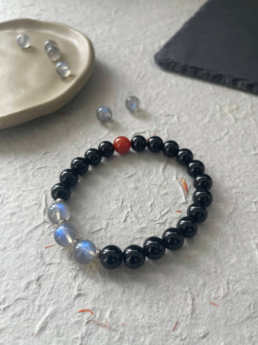 Quiet Ember — Minimalist Black Obsidian & Moonstone Beaded Bracelet