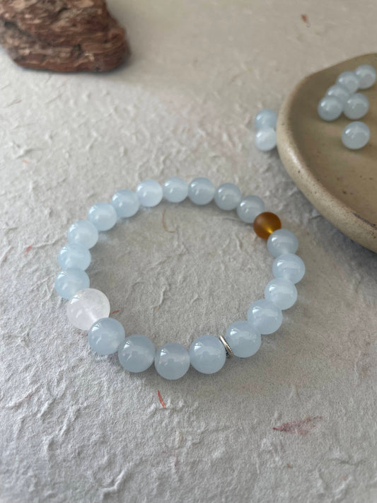 Pale Hour — Minimalist Blue Chalcedony & White Chalcedony Beaded Bracelet