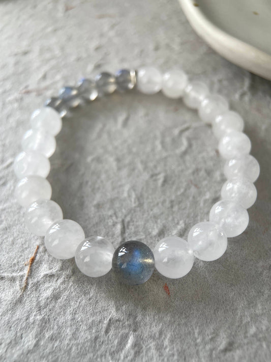 Moon Veil – White Chalcedony & Gray Moonstone Beaded Bracelet