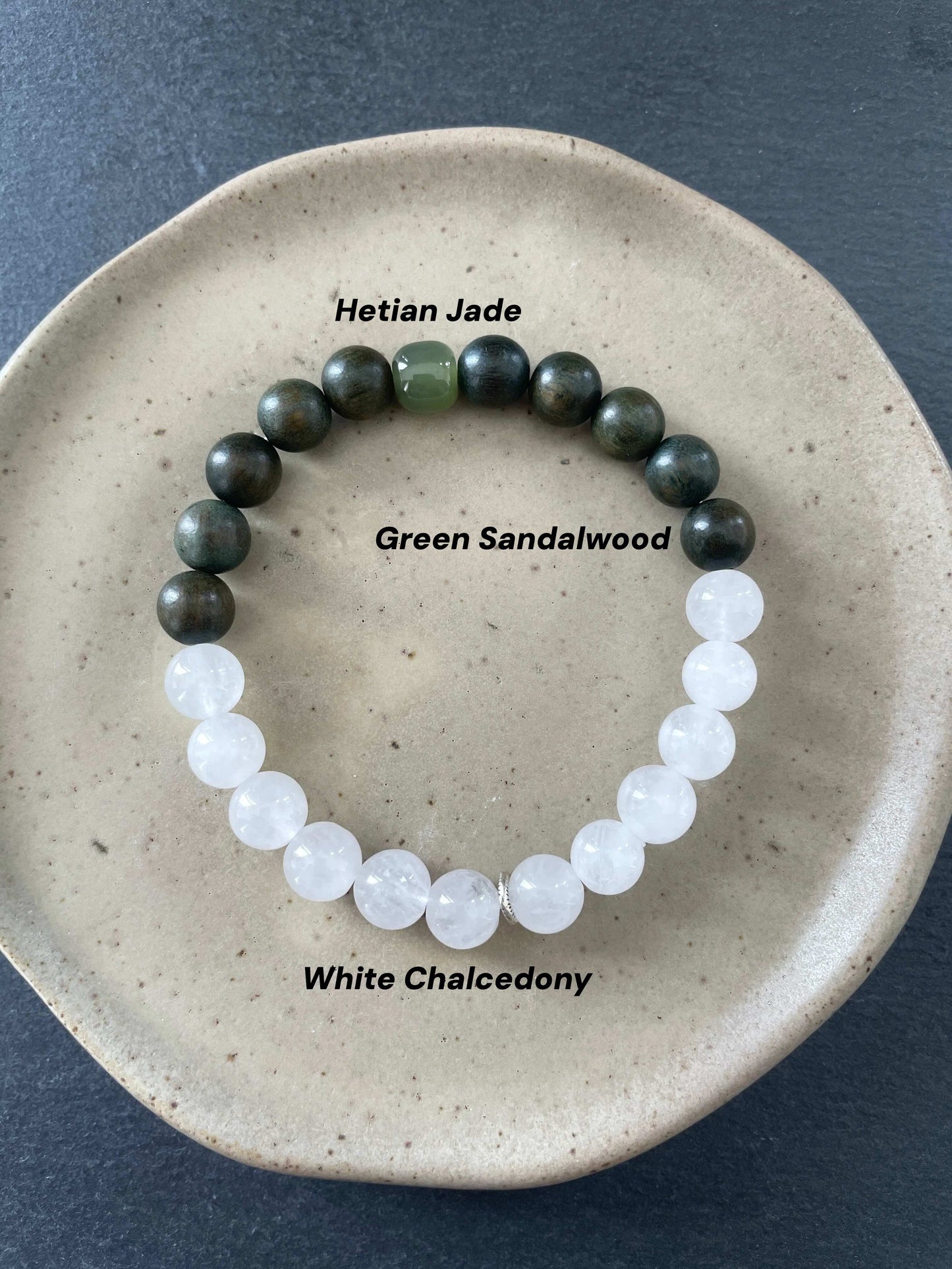 Moss Path – White Chalcedony, Green Sandalwood & Hetian Jade Beaded Bracelet