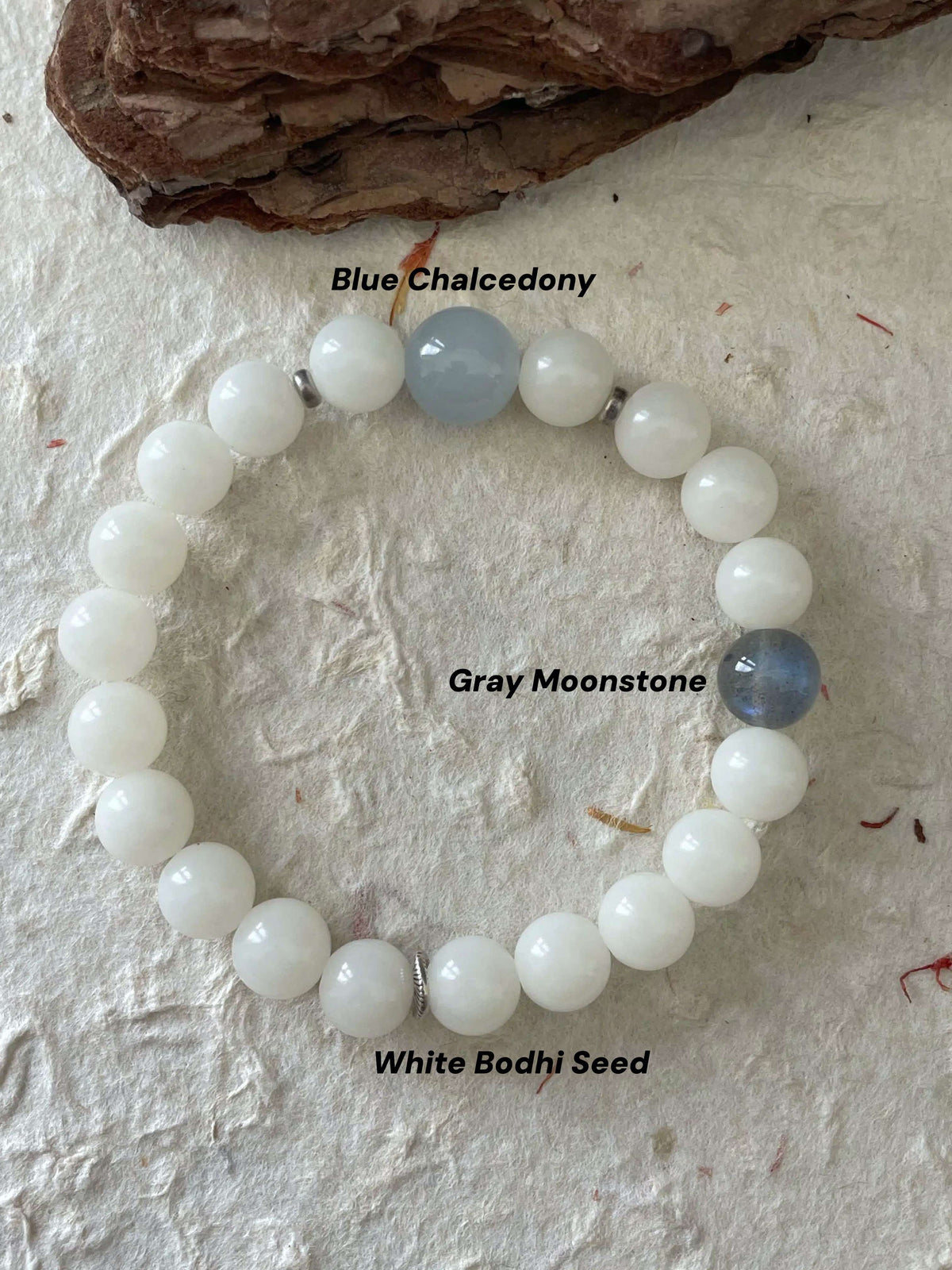Pale Dusk — Minimalist White Bodhi Seed & Moonstone Beaded Bracelet