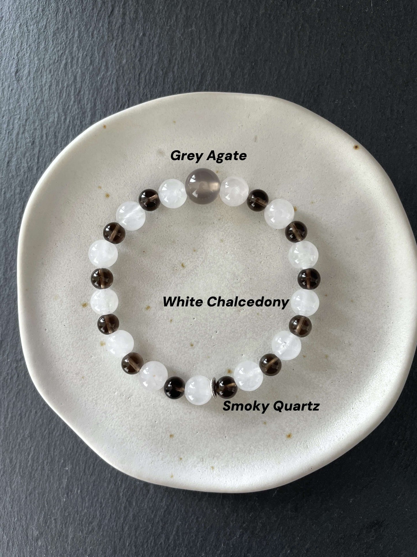Tea Mist – White Chalcedony, Smoky Quartz & Gray Agate Beaded Bracelet