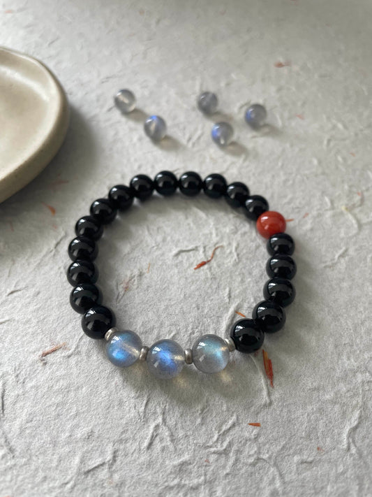 Quiet Ember — Minimalist Black Obsidian & Moonstone Beaded Bracelet