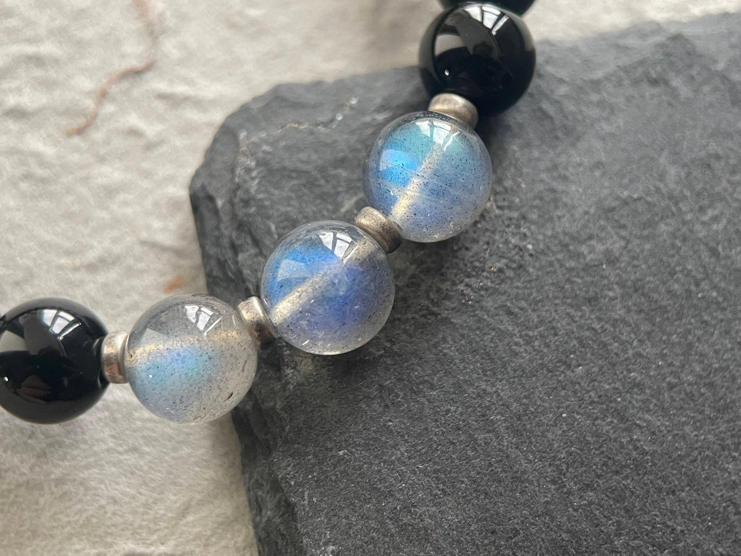 Quiet Ember — Minimalist Black Obsidian & Moonstone Beaded Bracelet
