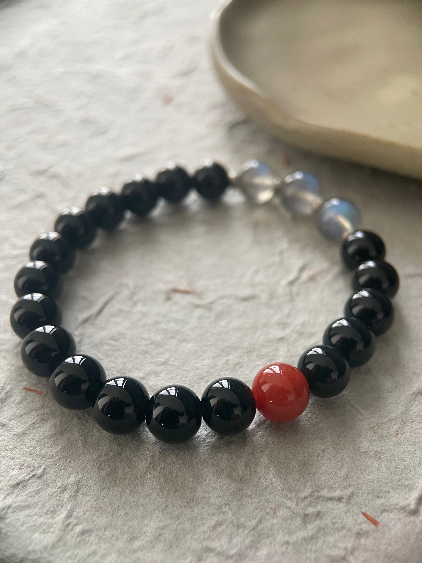 Quiet Ember — Minimalist Black Obsidian & Moonstone Beaded Bracelet