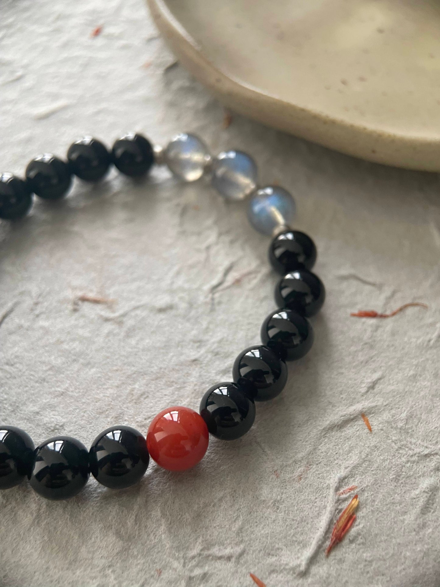 Quiet Ember — Minimalist Black Obsidian & Moonstone Beaded Bracelet