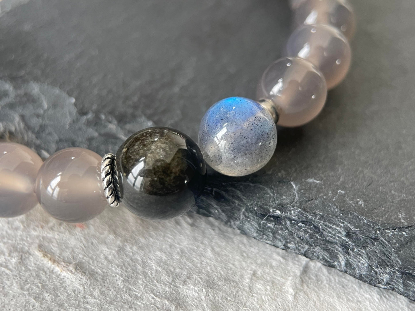 Ash Veil — Quiet Luxury Gray Agate&Golden Obsidian&Gray Moonstone Beaded Bracelet