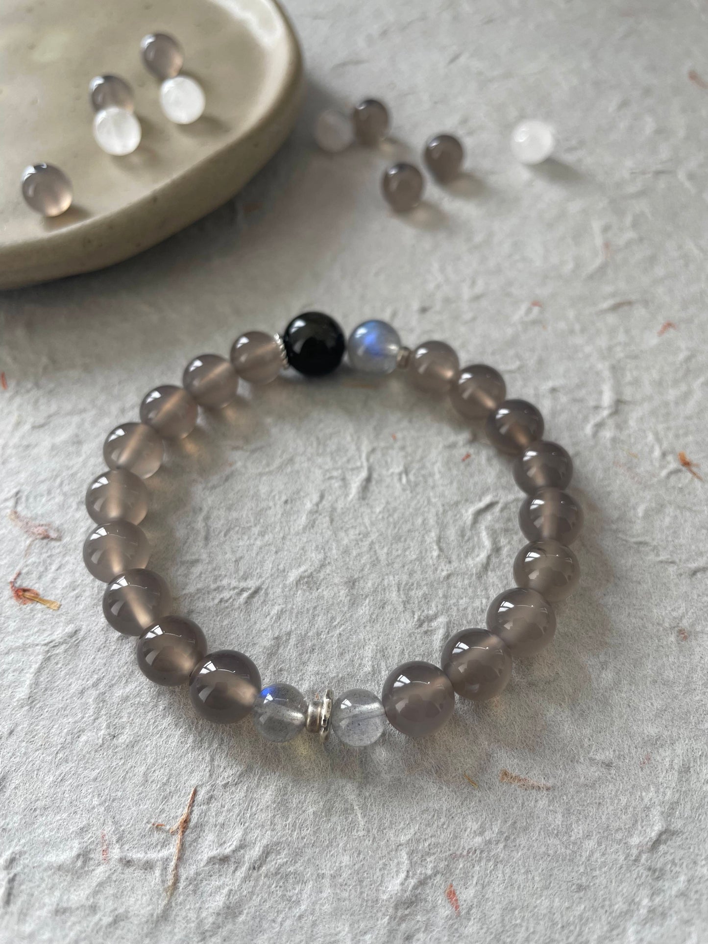 Ash Veil — Quiet Luxury Gray Agate&Golden Obsidian&Gray Moonstone Beaded Bracelet