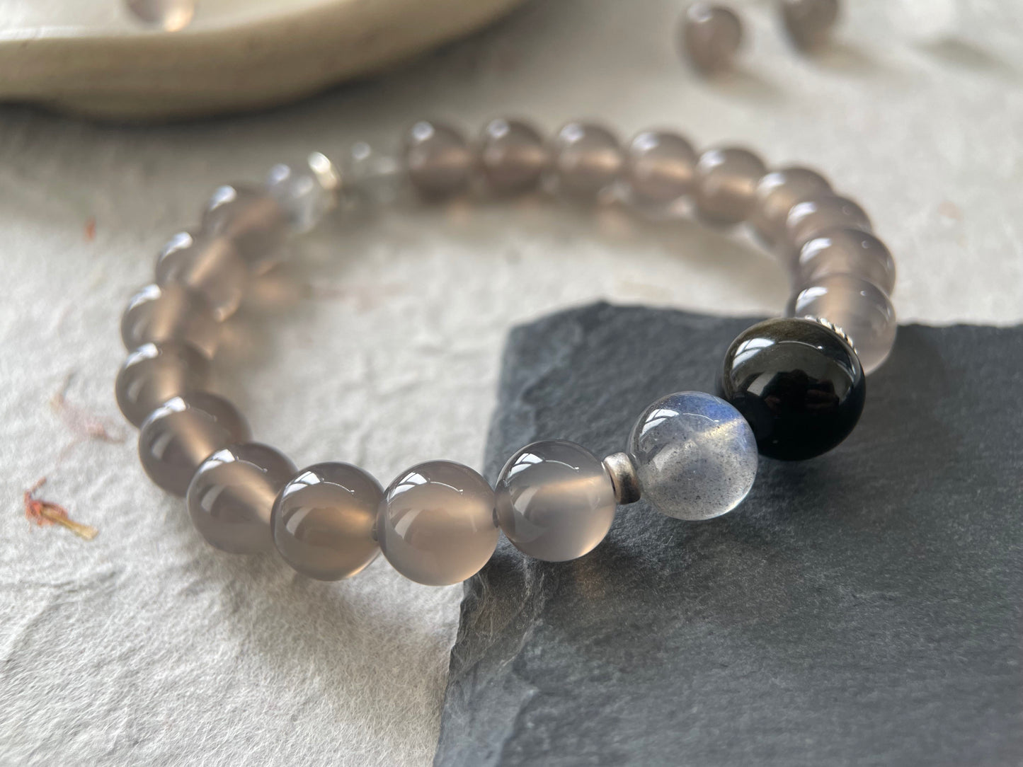 Ash Veil — Quiet Luxury Gray Agate&Golden Obsidian&Gray Moonstone Beaded Bracelet