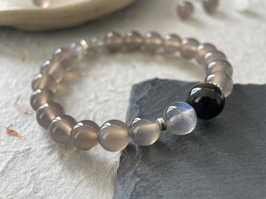 Ash Veil — Quiet Luxury Gray Agate&Golden Obsidian&Gray Moonstone Beaded Bracelet