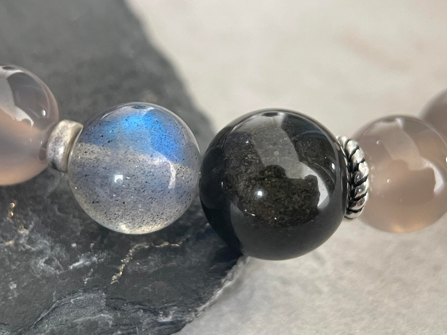 Ash Veil — Quiet Luxury Gray Agate&Golden Obsidian&Gray Moonstone Beaded Bracelet