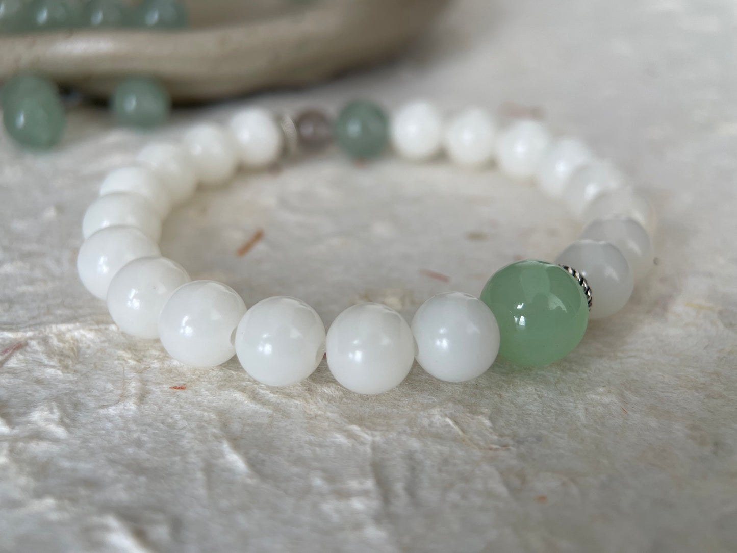 Jade Hush — Minimalist White Bodhi Seed & Aventurine Beaded Bracelet