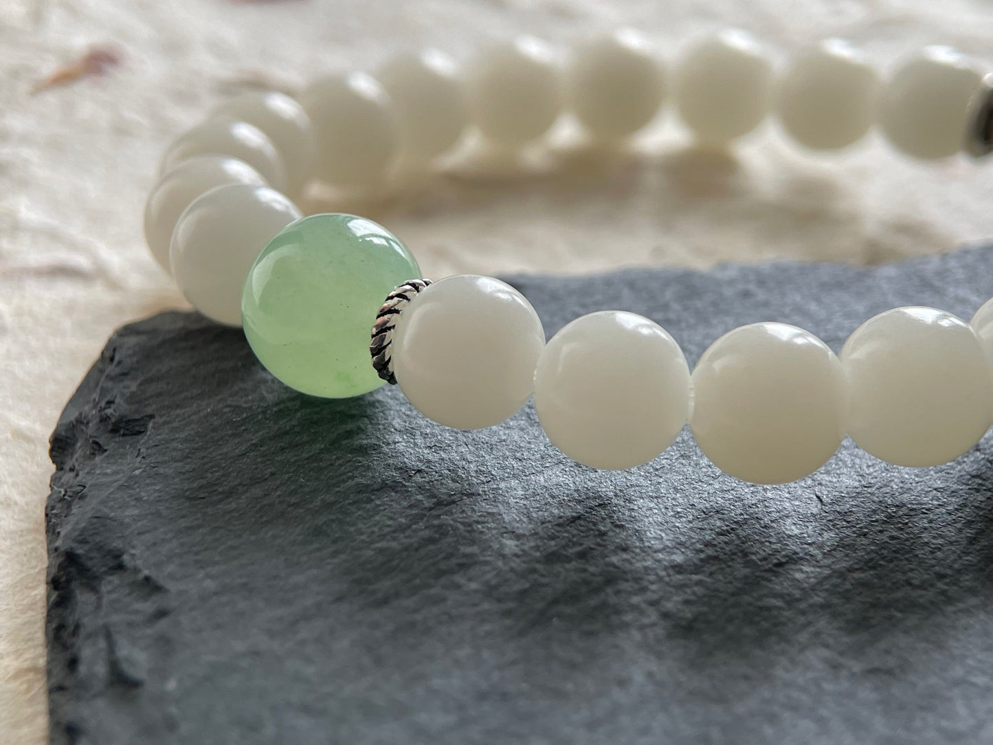 Jade Hush — Minimalist White Bodhi Seed & Aventurine Beaded Bracelet