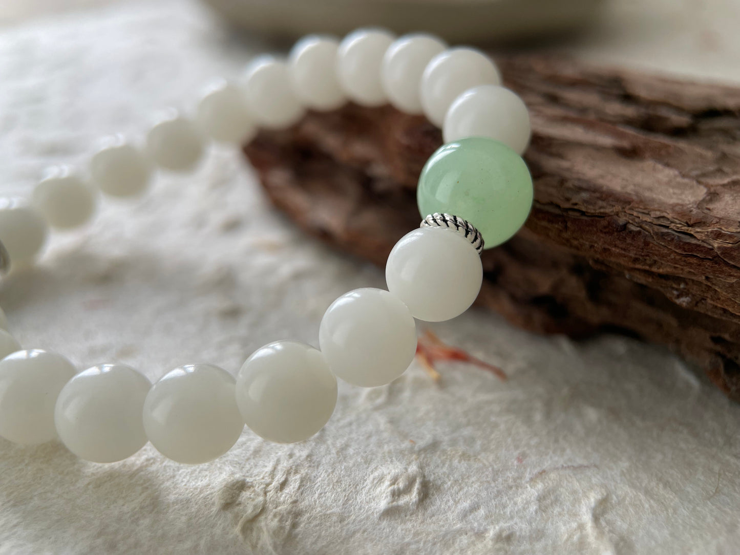 Jade Hush — Minimalist White Bodhi Seed & Aventurine Beaded Bracelet