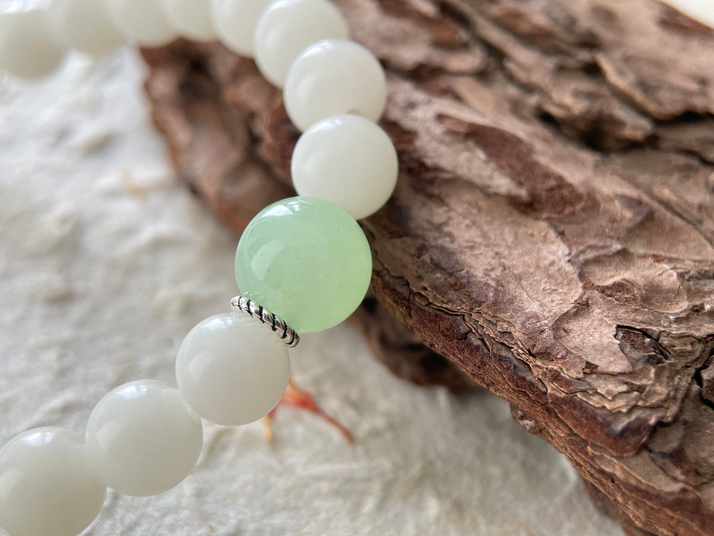 Jade Hush — Minimalist White Bodhi Seed & Aventurine Beaded Bracelet