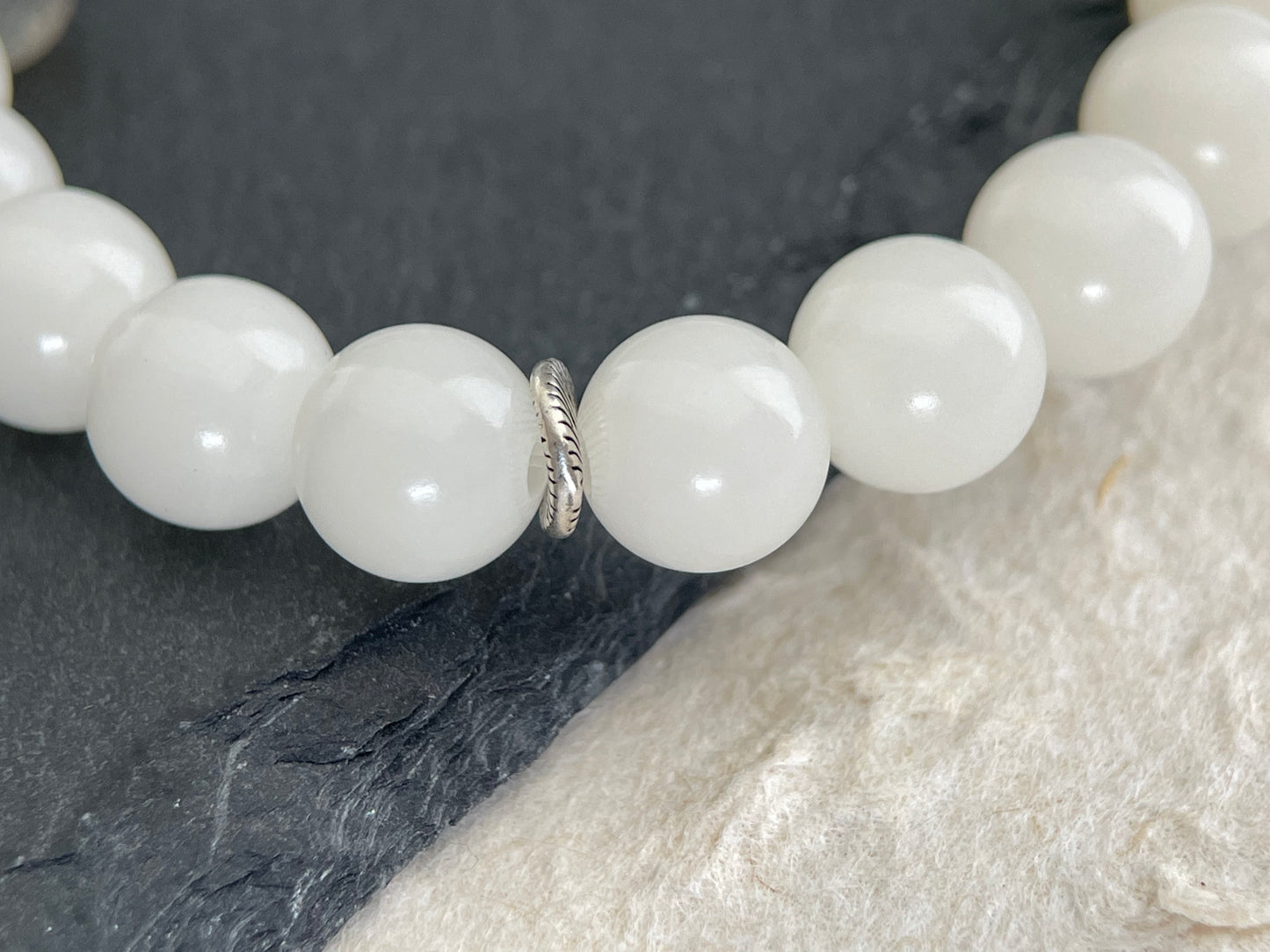 Pale Dusk — Minimalist White Jade bodhi & Moonstone Beaded Bracelet