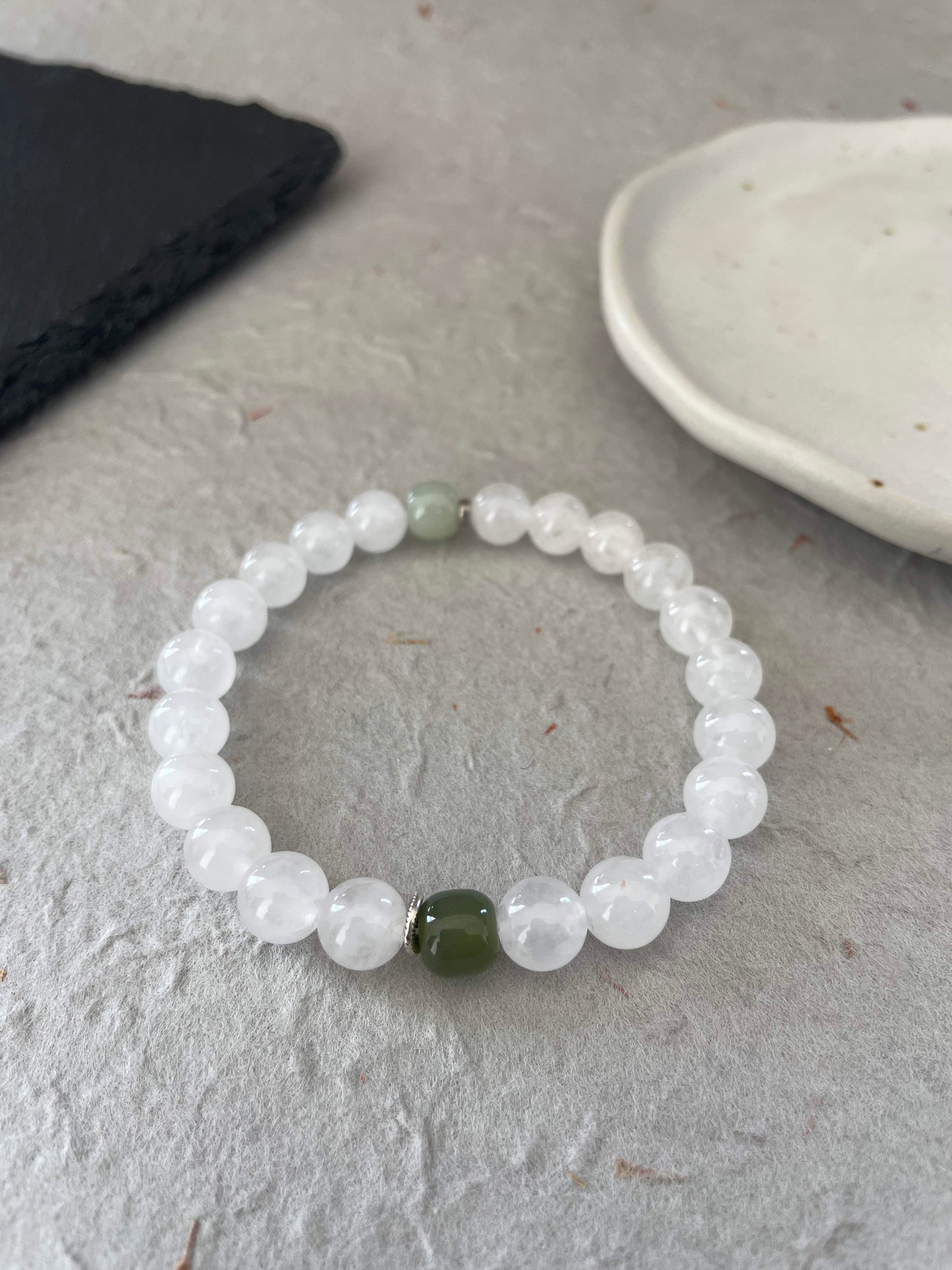 Soft Grove- Minimalist White Chalcedony & Hetian Jade Beaded Bracelet