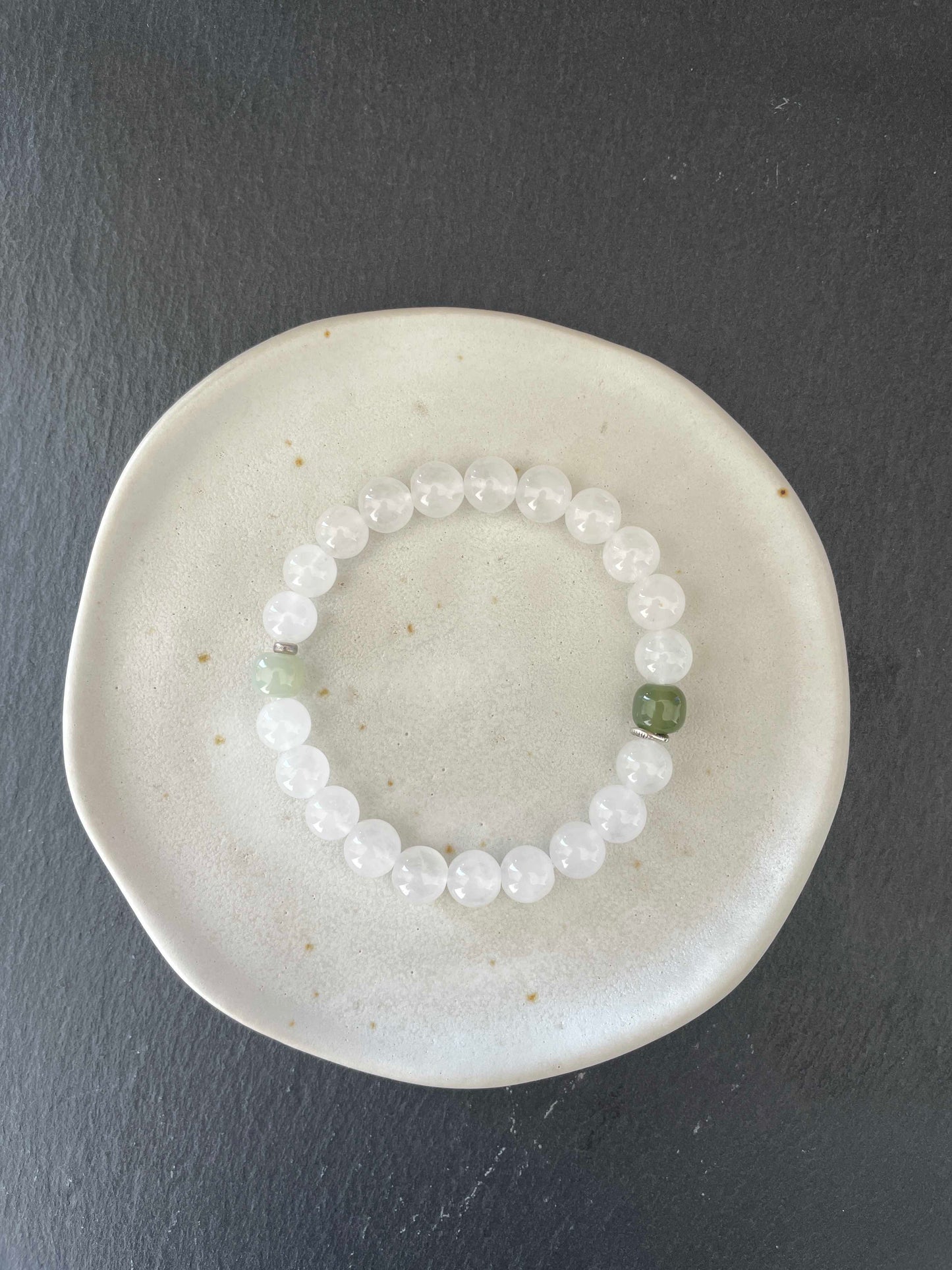 Soft Grove- Minimalist White Chalcedony & Hetian Jade Beaded Bracelet
