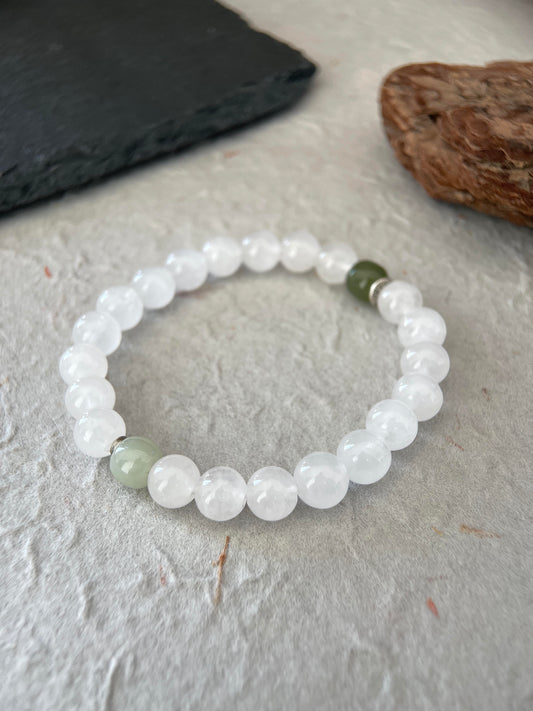 Soft Grove- Minimalist White Chalcedony & Hetian Jade Beaded Bracelet