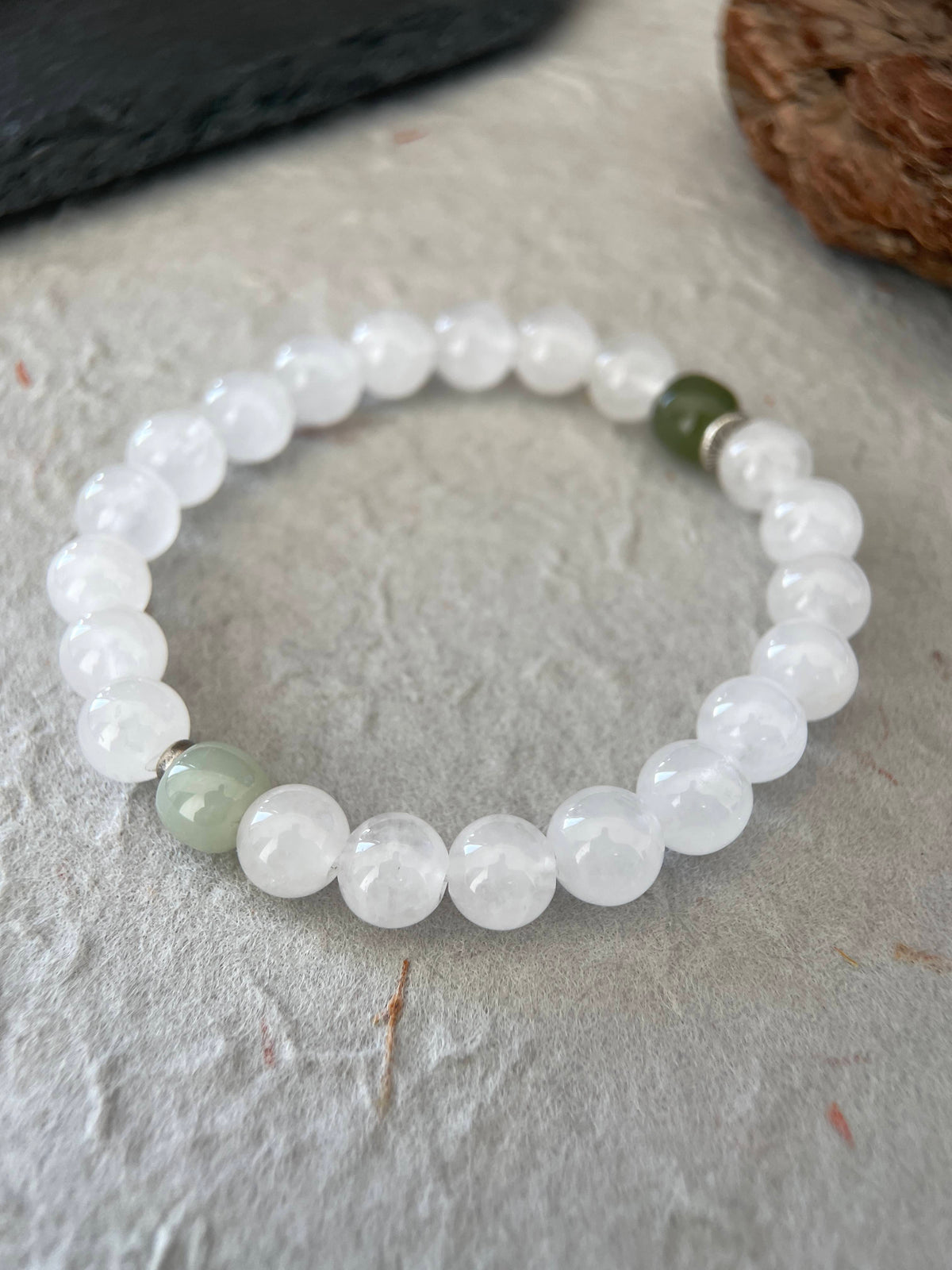 Soft Grove- Minimalist White Chalcedony & Hetian Jade Beaded Bracelet