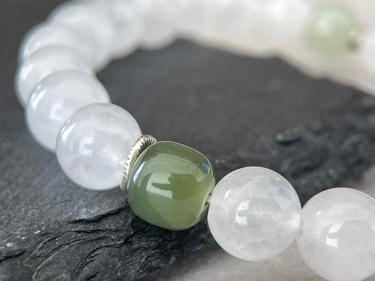 Soft Grove- Minimalist White Chalcedony & Hetian Jade Beaded Bracelet