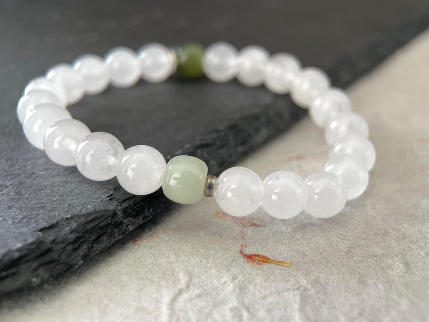 Soft Grove- Minimalist White Chalcedony & Hetian Jade Beaded Bracelet