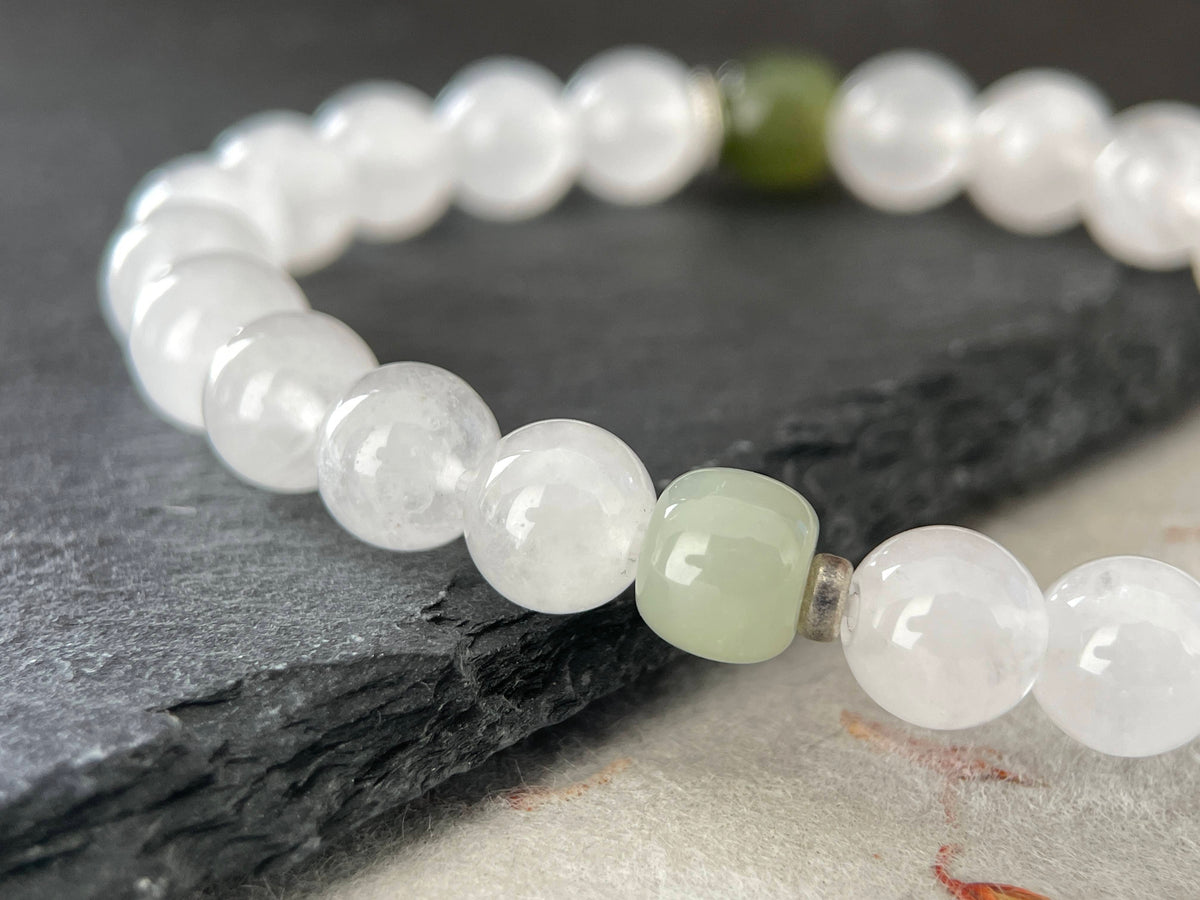Soft Grove- Minimalist White Chalcedony & Hetian Jade Beaded Bracelet