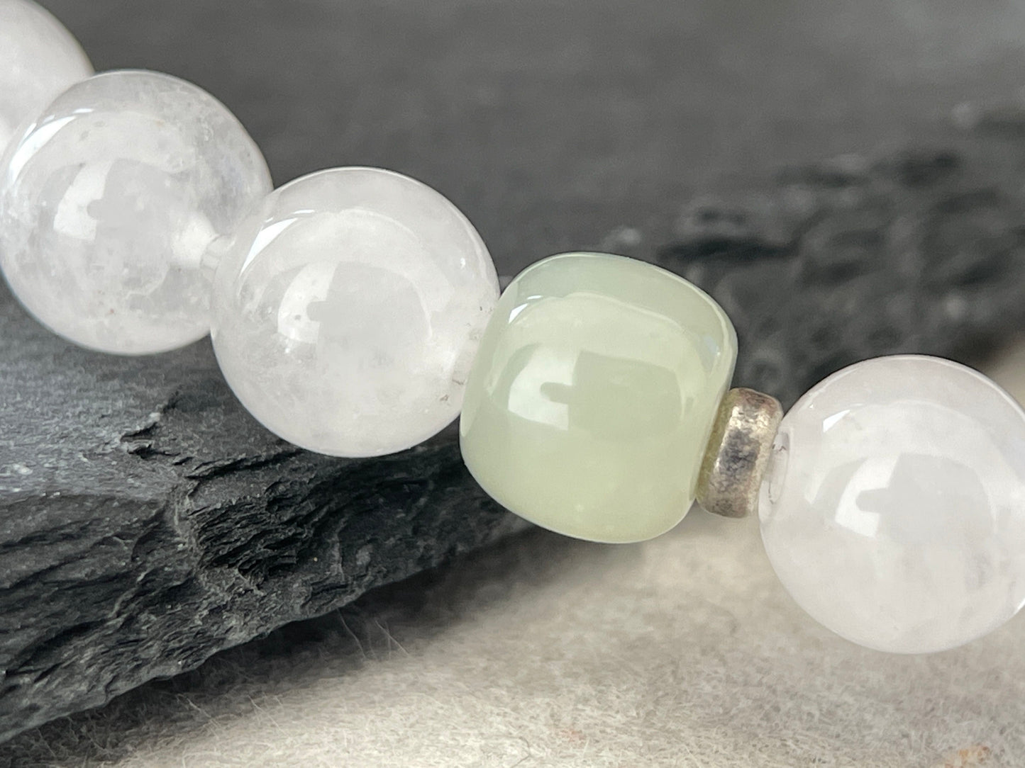 Soft Grove- Minimalist White Chalcedony & Hetian Jade Beaded Bracelet