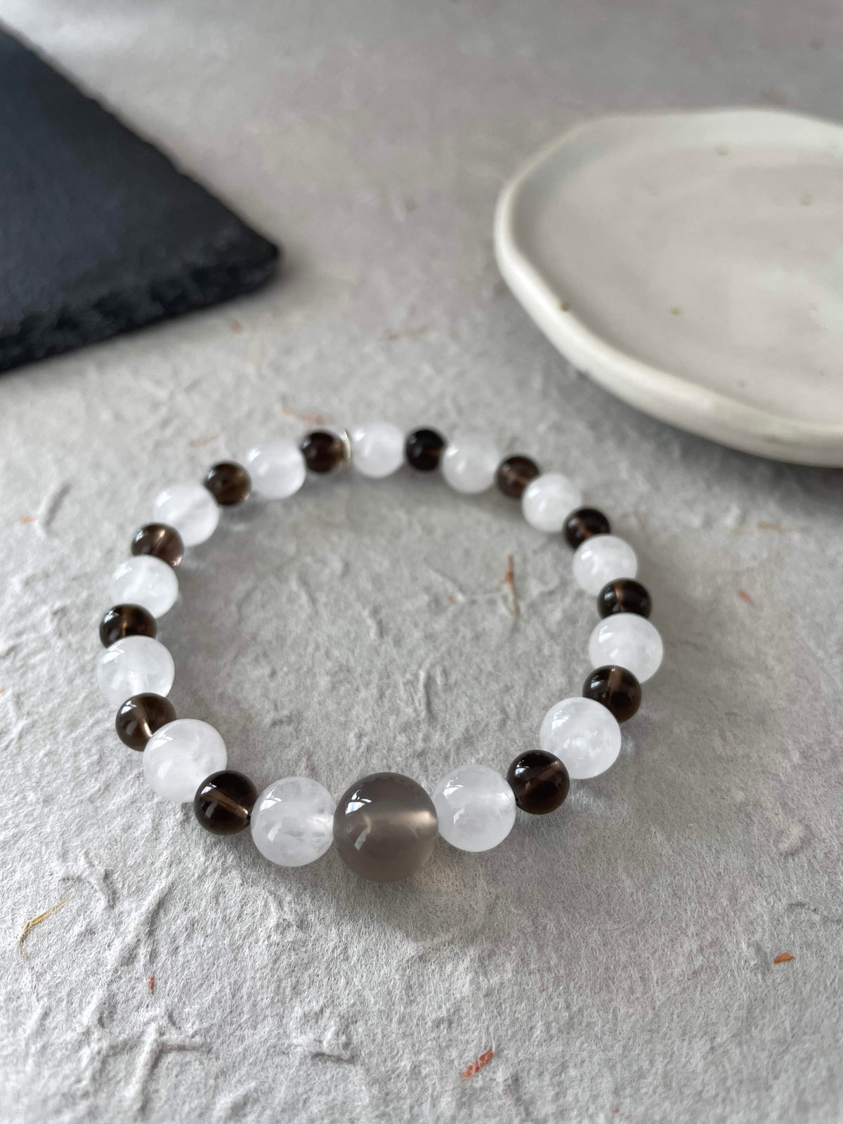 Tea Mist – White Chalcedony, Smoky Quartz & Gray Agate Beaded Bracelet