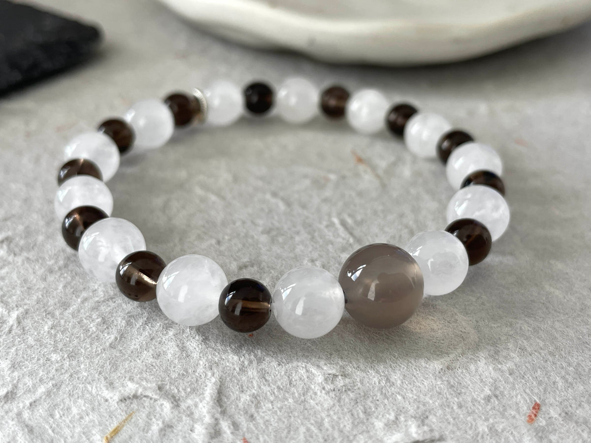 Tea Mist – White Chalcedony, Smoky Quartz & Gray Agate Beaded Bracelet