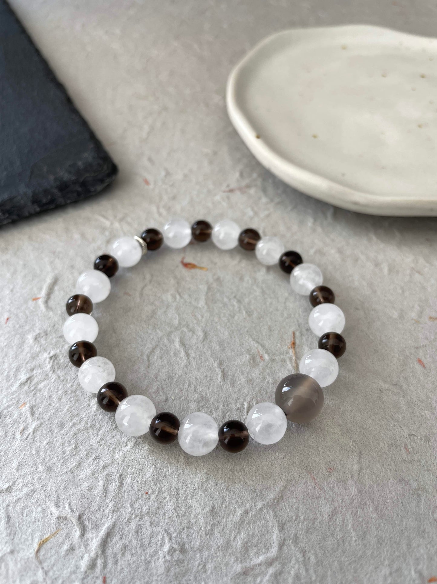 Tea Mist – White Chalcedony, Smoky Quartz & Gray Agate Beaded Bracelet