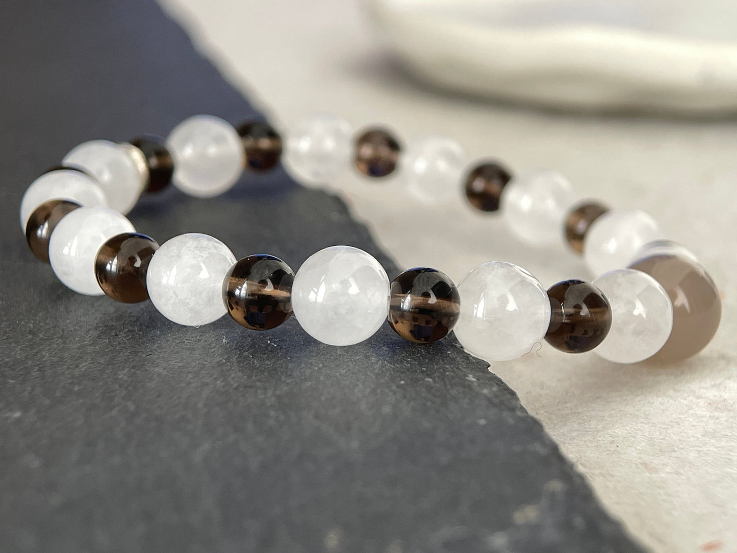 Tea Mist – White Chalcedony, Smoky Quartz & Gray Agate Beaded Bracelet