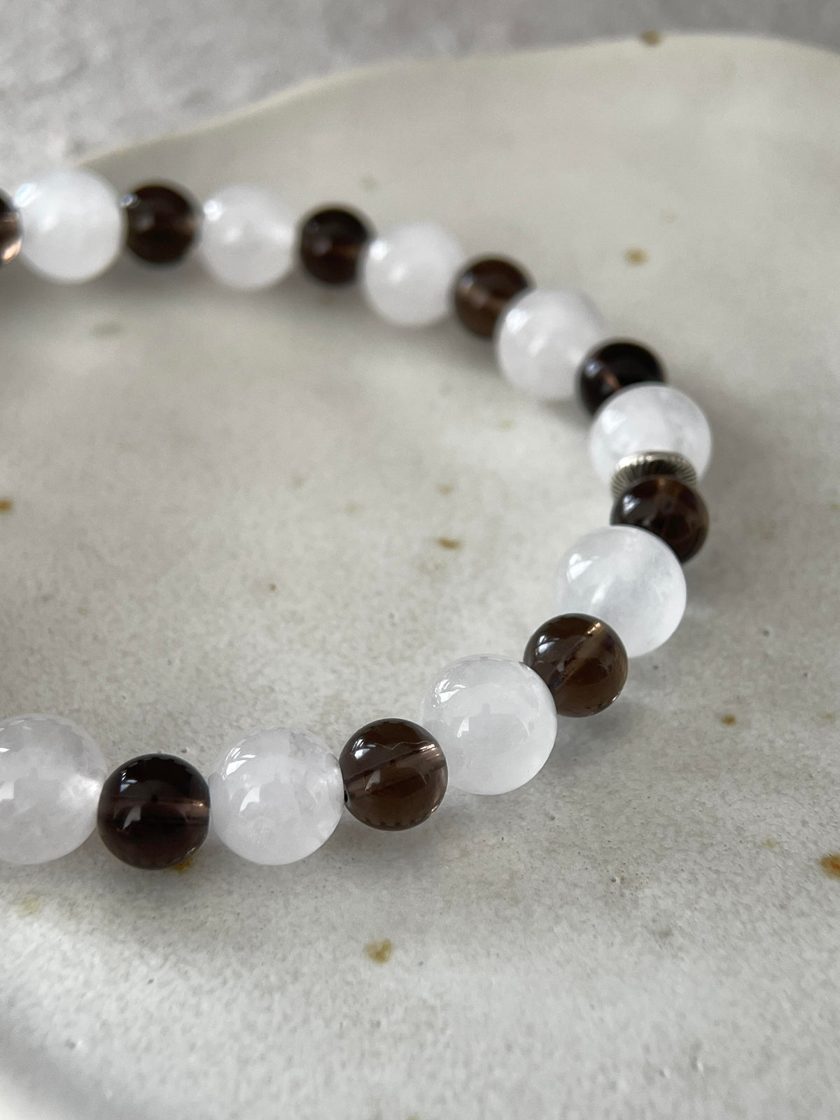 Tea Mist – White Chalcedony, Smoky Quartz & Gray Agate Beaded Bracelet