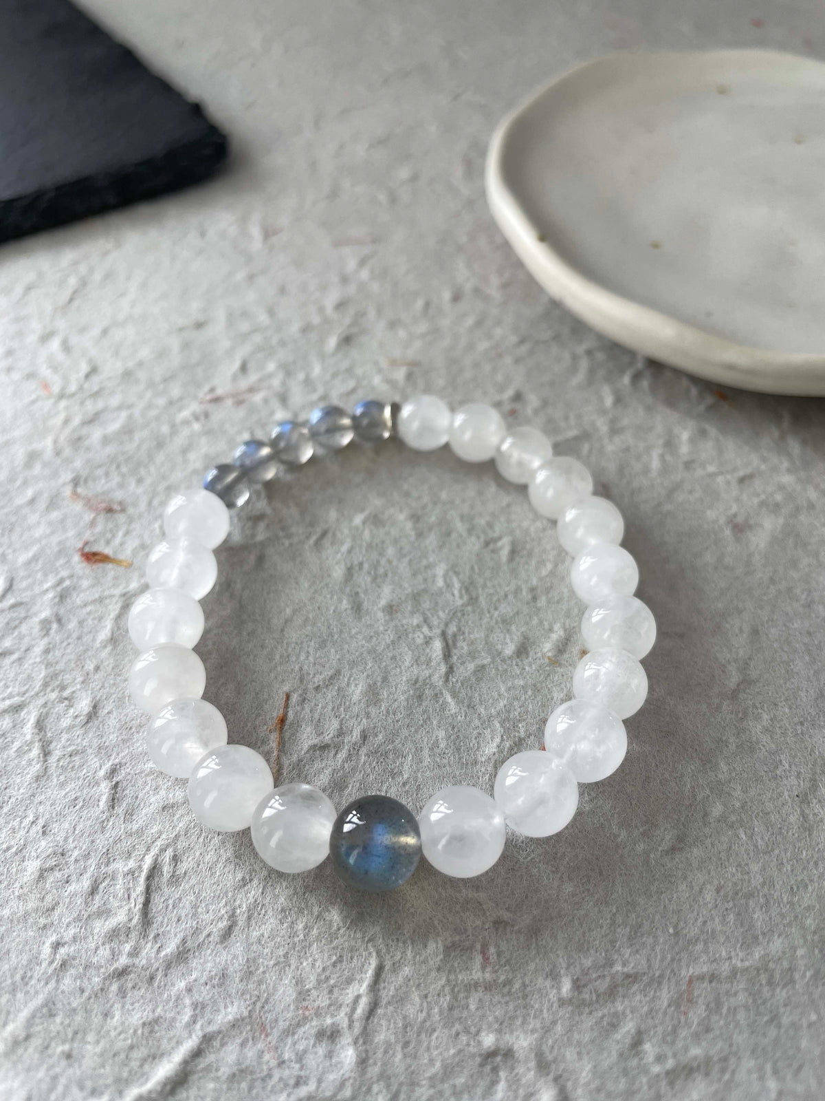 Moon Veil – White Chalcedony & Gray Moonstone Beaded Bracelet