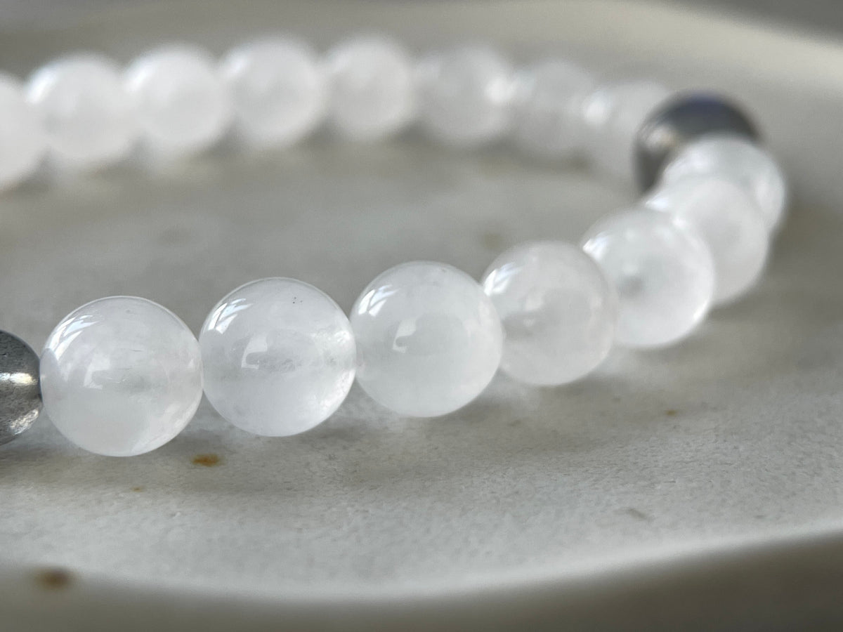 Moon Veil – White Chalcedony & Gray Moonstone Beaded Bracelet