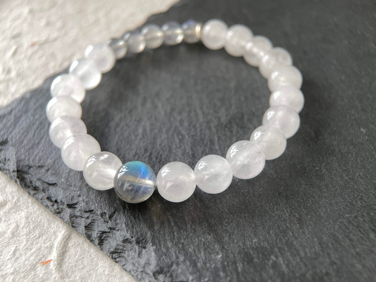 Moon Veil – White Chalcedony & Gray Moonstone Beaded Bracelet