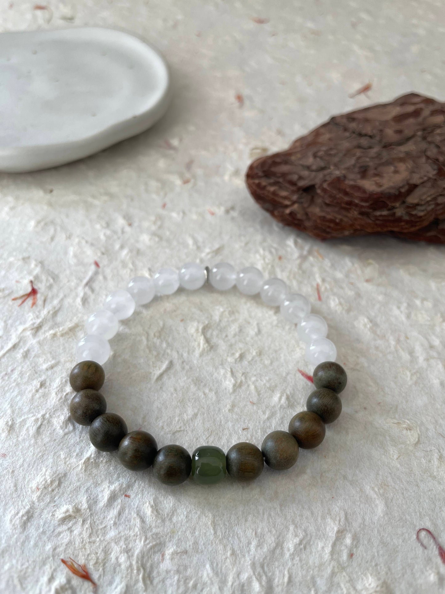 Moss Path – White Chalcedony, Green Sandalwood & Hetian Jade Beaded Bracelet