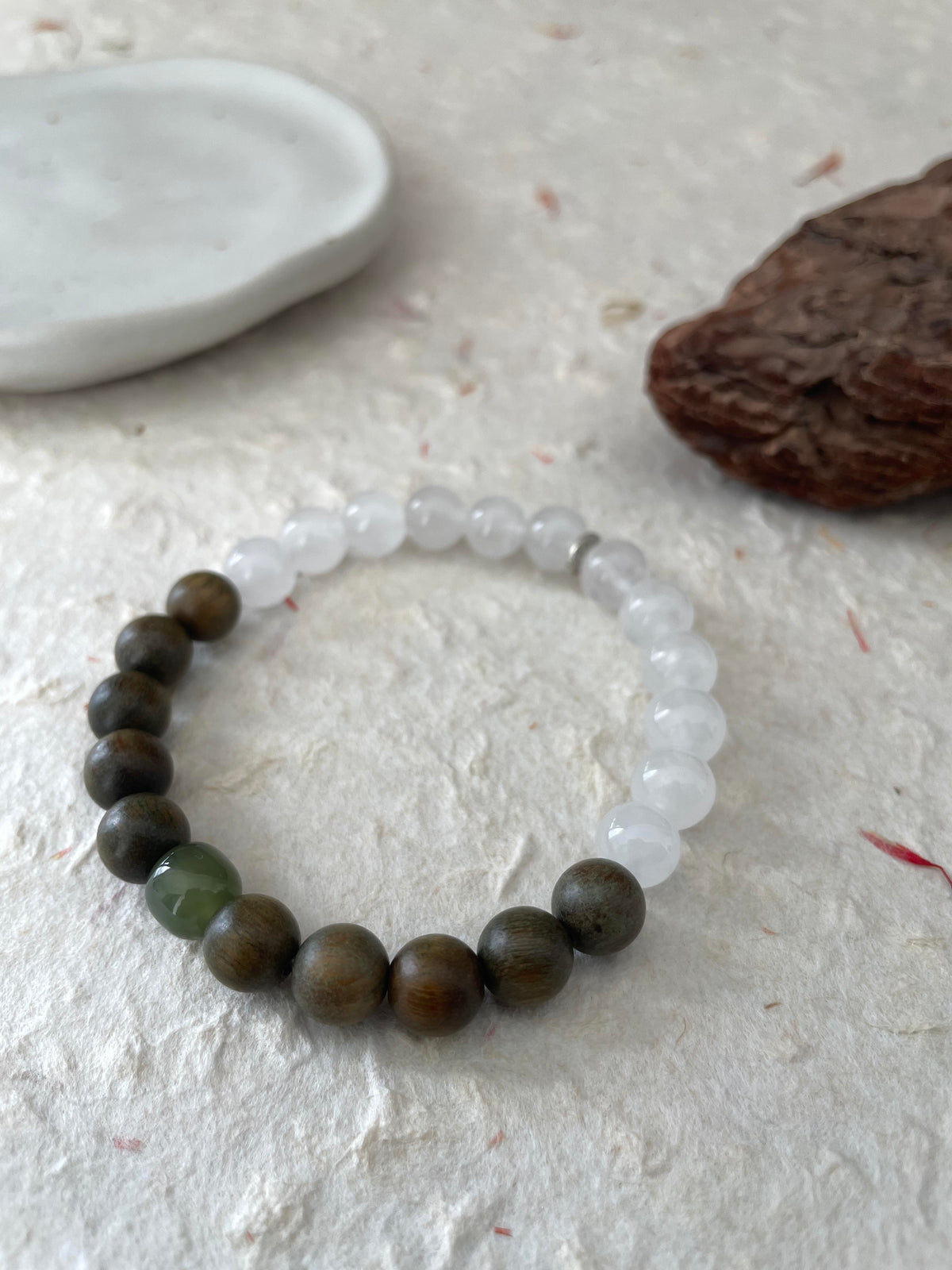Moss Path – White Chalcedony, Green Sandalwood & Hetian Jade Beaded Bracelet