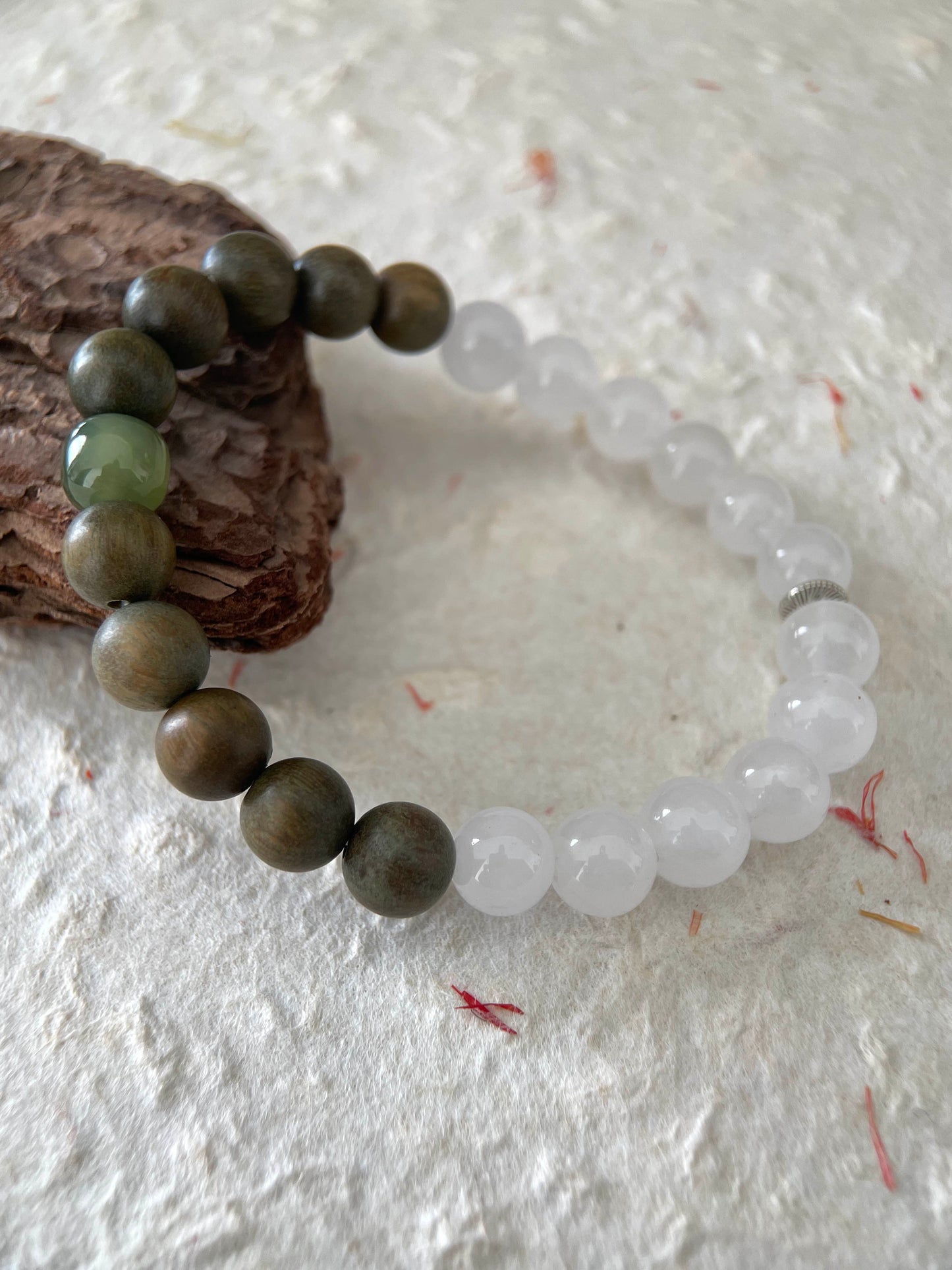 Moss Path – White Chalcedony, Green Sandalwood & Hetian Jade Beaded Bracelet