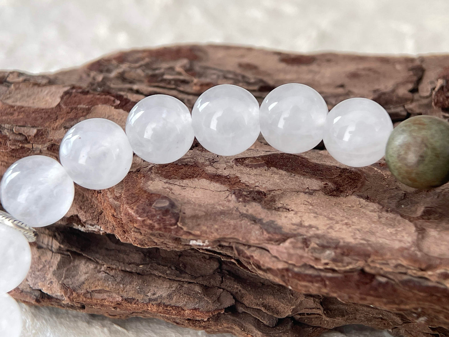 Moss Path – White Chalcedony, Green Sandalwood & Hetian Jade Beaded Bracelet