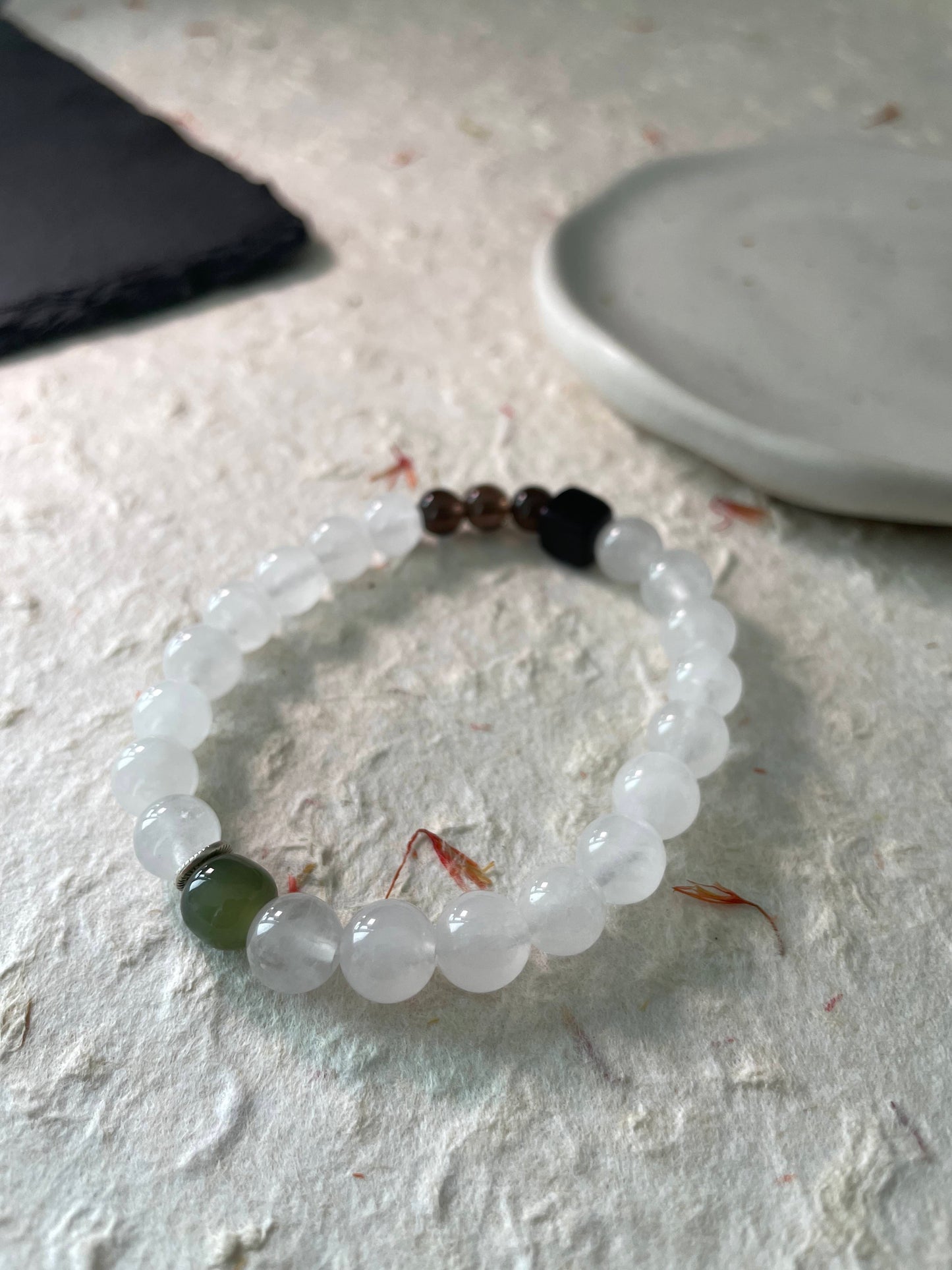 Dark Accent – White Chalcedony, Hetian Jade & Black Sandalwood Beaded Bracelet