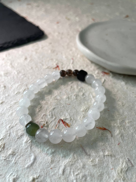 Dark Accent – White Chalcedony, Hetian Jade & Black Sandalwood Beaded Bracelet
