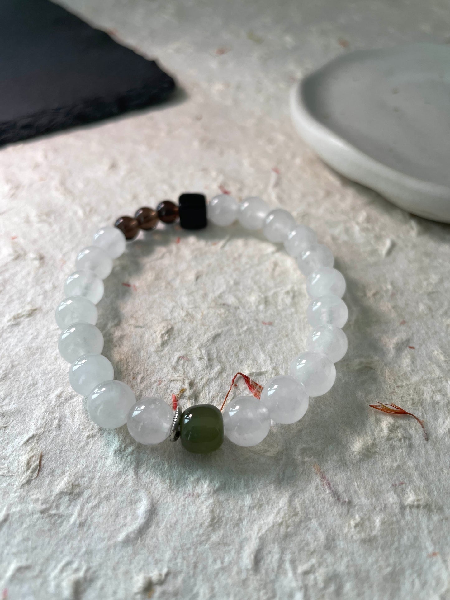 Dark Accent – White Chalcedony, Hetian Jade & Black Sandalwood Beaded Bracelet