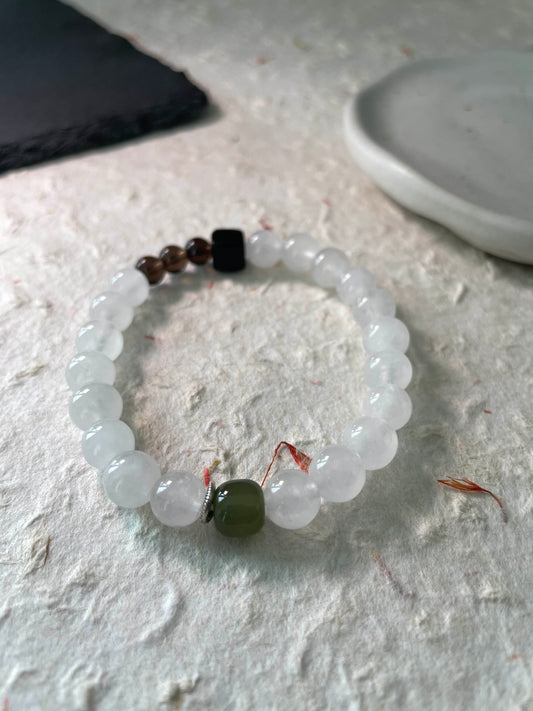 Dark Accent – White Chalcedony, Hetian Jade & Black Sandalwood Beaded Bracelet