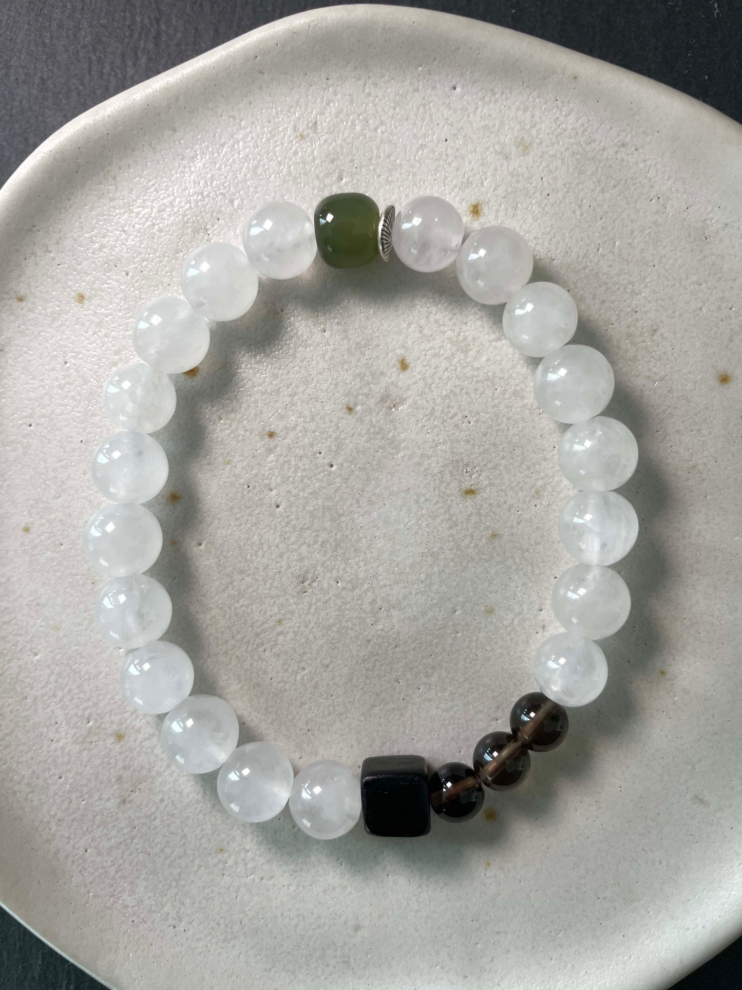 Dark Accent – White Chalcedony, Hetian Jade & Black Sandalwood Beaded Bracelet