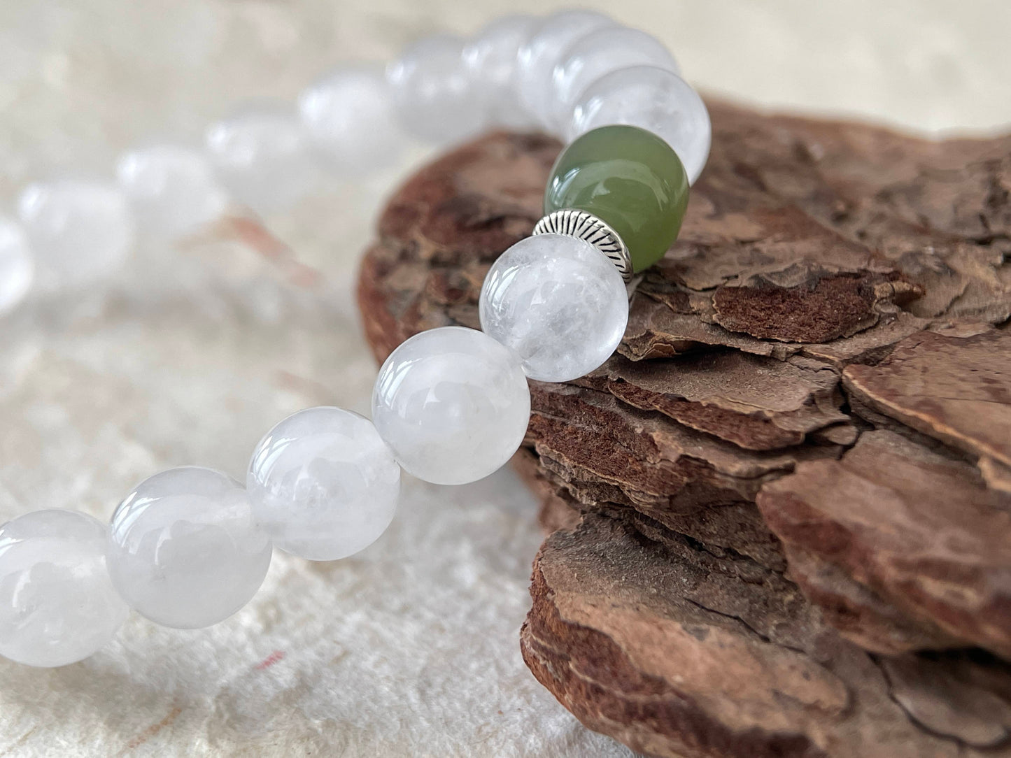 Dark Accent – White Chalcedony, Hetian Jade & Black Sandalwood Beaded Bracelet