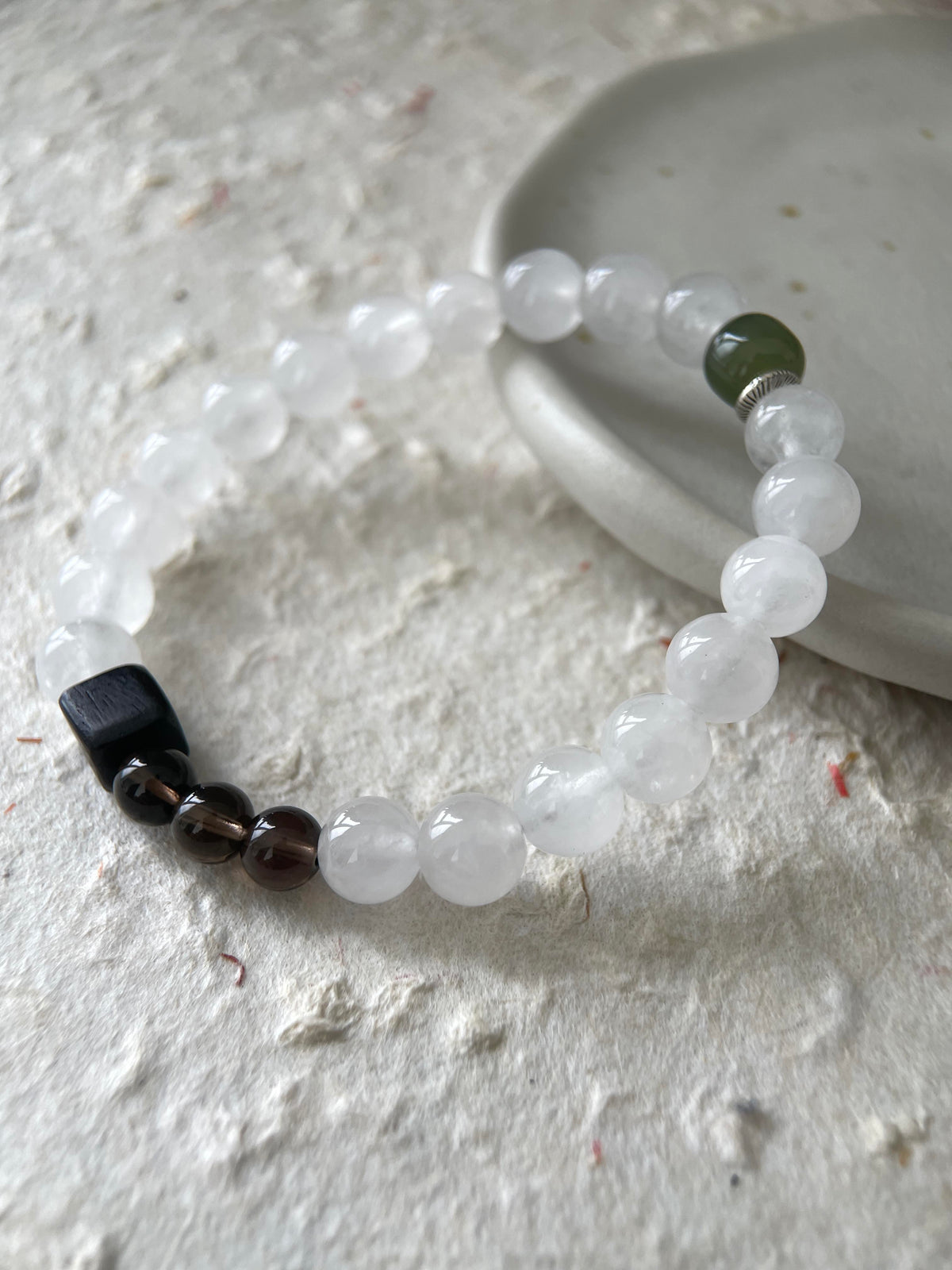 Dark Accent – White Chalcedony, Hetian Jade & Black Sandalwood Beaded Bracelet