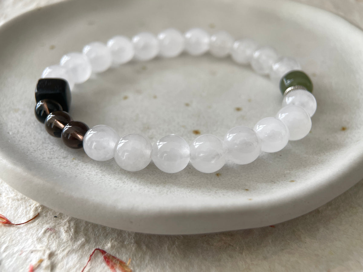 Dark Accent – White Chalcedony, Hetian Jade & Black Sandalwood Beaded Bracelet