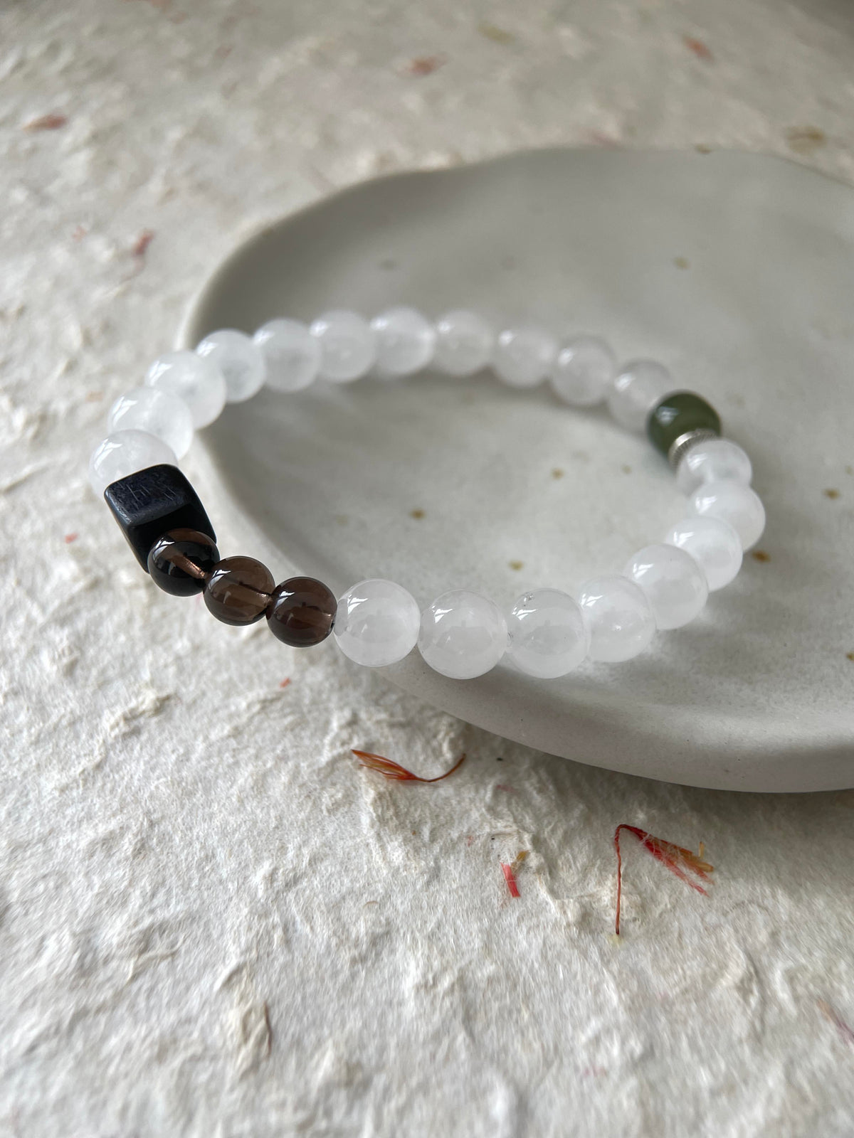 Dark Accent – White Chalcedony, Hetian Jade & Black Sandalwood Beaded Bracelet