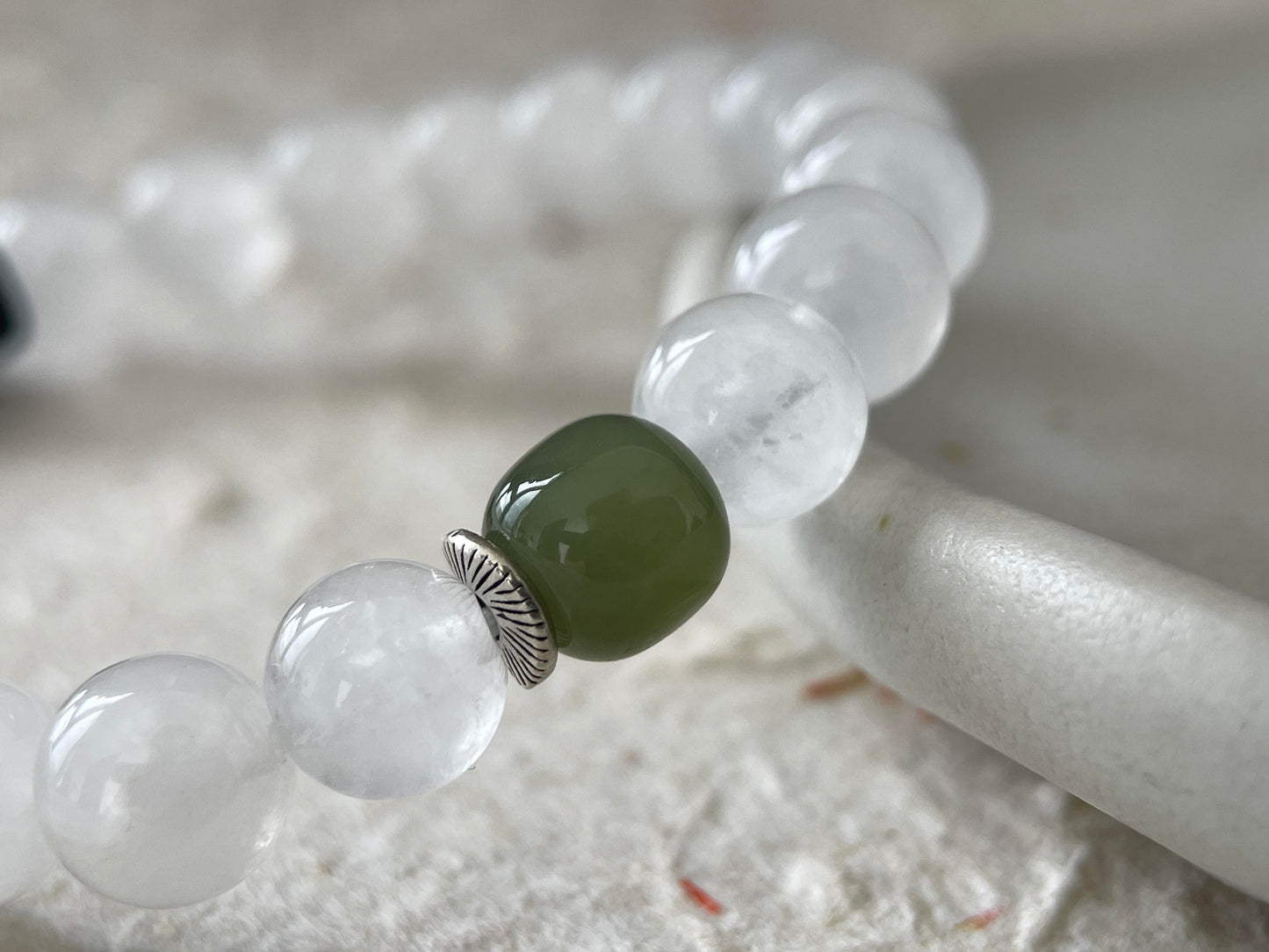 Dark Accent – White Chalcedony, Hetian Jade & Black Sandalwood Beaded Bracelet